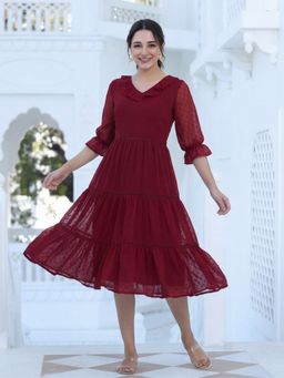 Jaipur Kurti - Women Red Color Polka Self Weave Georgette Tiered Lace Inserted Dress