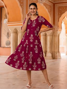 Jaipur Kurti - Women Floral Wine Printed A-Line Tiered Ethnic Dress