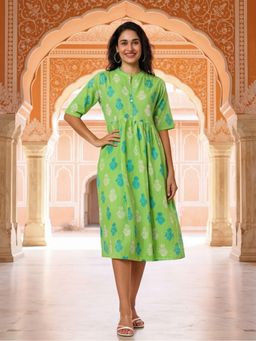 Jaipur Kurti - Women Floral Green Embroidered A-Line Pure Cotton Ethnic Dress