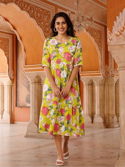 Jaipur Kurti - Women Floral Green Printed A-Line Tiered Ethnic Dress