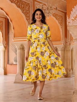 Jaipur Kurti - Women Floral Yellow Printed A-Line Tiered Ethnic Dress