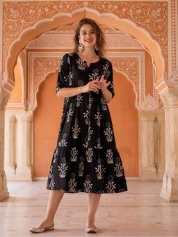 Jaipur Kurti - Women Floral Black Printed A-Line Tiered Ethnic Dress