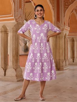 Jaipur Kurti - Women Floral Purple Printed A-Line Tiered Ethnic Dress