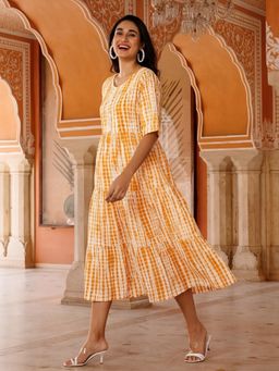 Jaipur Kurti - Women Textured Yellow Dyed A-Line Tiered Ethnic Dress