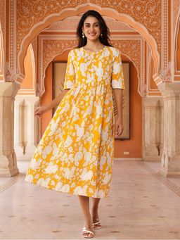 Jaipur Kurti - Women Floral Yellow Printed A-Line Panelled Ethnic Dress