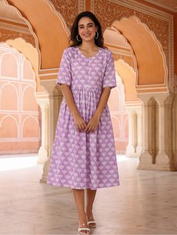 Jaipur Kurti - Women Floral Purple Printed A-Line Panelled Ethnic Dress