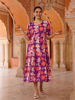 Jaipur Kurti - Women Floral Purple Printed A-Line Tiered Ethnic Dress