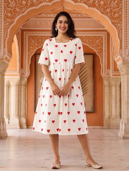 Jaipur Kurti - Women White Quirky Printed A-Line Pure Cotton Ethnic Dress