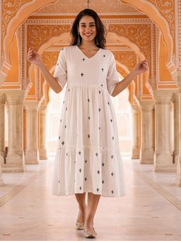 Jaipur Kurti - Women White Floral Embroidered A-Line Tiered Ethnic Dress