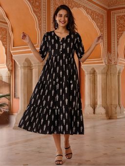 Jaipur Kurti - Women Black Floral Printed A-Line TieBlack Ethnic Dress