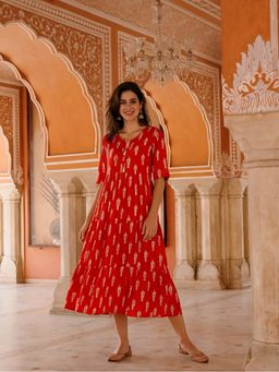 Jaipur Kurti - Women Red Floral Printed A-Line Tiered Ethnic Dress