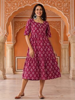 Jaipur Kurti - Women Floral Wine Printed A-Line Tiered Ethnic Dress