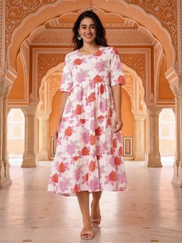 Jaipur Kurti - Women White Floral Printed A-Line Pure Cotton Ethnic Dress