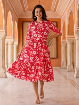 Jaipur Kurti - Women Pink Floral Printed A-Line Tiered Ethnic Dress