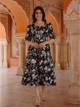 Jaipur Kurti - Women Black Floral Printed Tiered Ethnic Dress