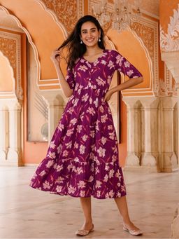Jaipur Kurti - Women Wine Floral Printed A-Line Tiered Ethnic Dress