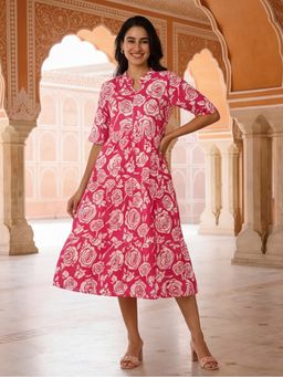 Jaipur Kurti - Women Pink Floral Printed A-Line Tiered Ethnic Dress