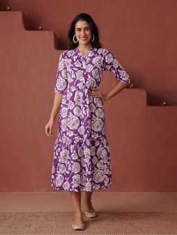 Jaipur Kurti - Women Purple Floral Printed A-Line Tiered Ethnic Dress