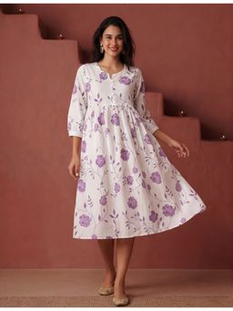 Jaipur Kurti - Women Purple Floral Printed A-Line Pure Cotton Ethnic Dress