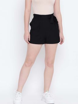 Oxolloxo - Dapper Ritzy Black Elasticated Casual Women Linen Shorts