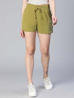 Oxolloxo - Women Solid Green Elasticated Tie-Knot Casual Shorts