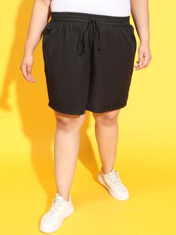Oxolloxo - Women Plus Size Black Elasticated with Tie-Up Detail Shorts