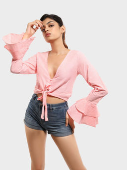 How When Wear - Neon Pink Stripe Frill Tie Blouse