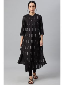W - Black Rayon A-line Kurta With Asymmetric Hemline
