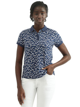 United Colors of Benetton - Women Printed Polo Collar Blue T-Shirt