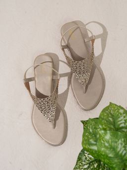 Inc.5 - Women Golden T Strap Round Toe Party Wear Heel Sandals