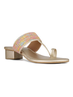 Inc.5 - Women Golden Embellished One Toe Party Wear Block Heel Sandals