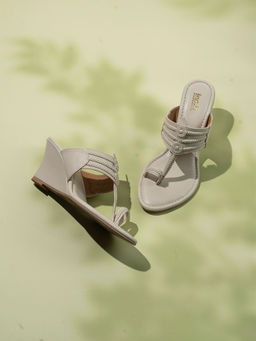 Inc.5 - Women Cream Party Wear Kolhapuri Wedge Heel Sandals