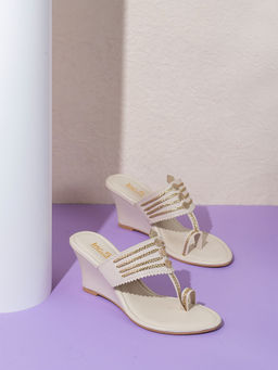 Inc.5 - Women Cream Party Wear Kolhapuri Wedge Heel Sandals