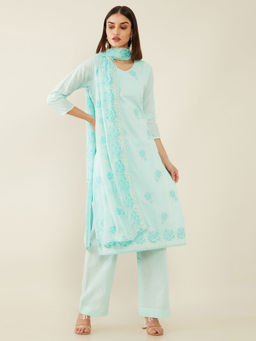 Soch - Powder Blue Machine Embroidery Cotton Unstitched Dress Material ( Set of 3 )