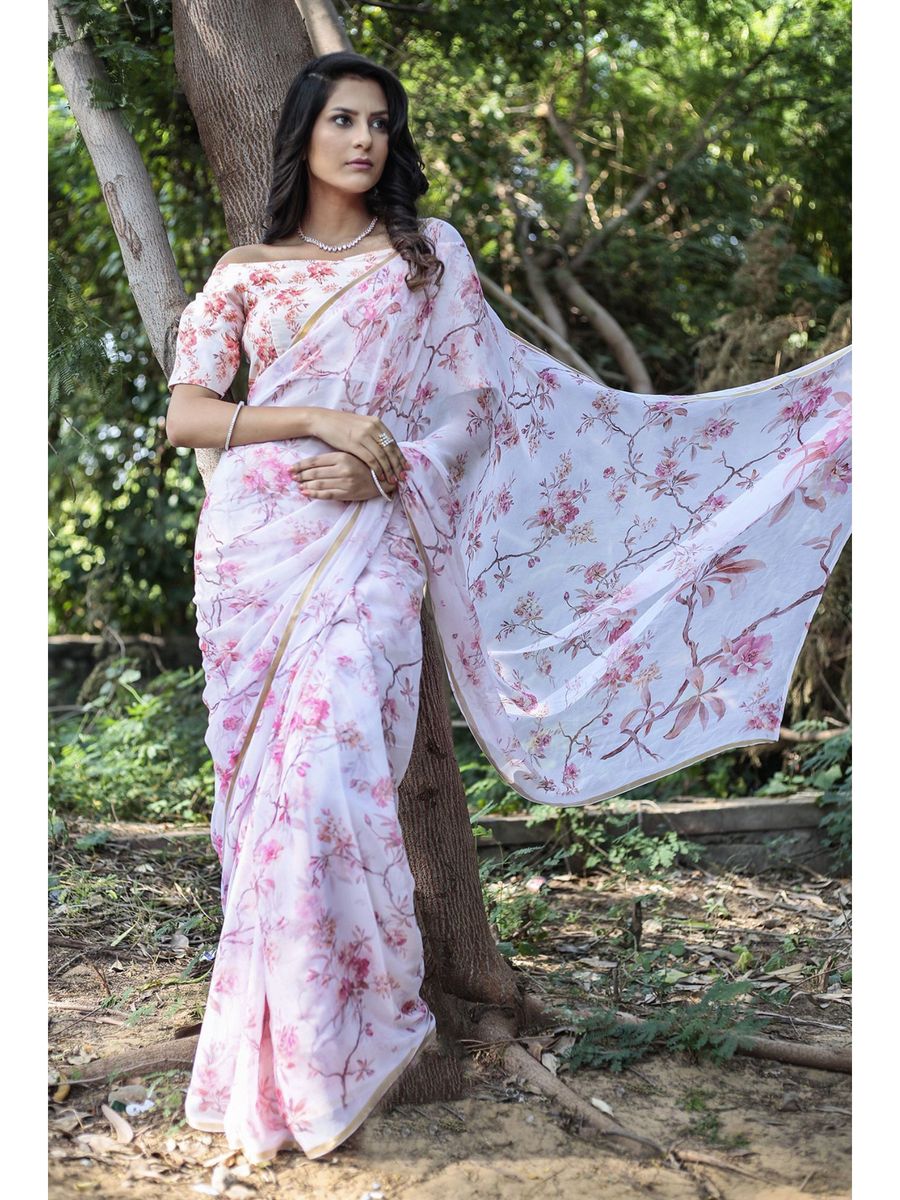 Cream Digital Print Chiffon Saree with Unstitched Blouse