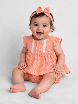 Somersault - Girls Orange Checks Dress, Shorts, Hairband