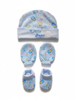 Safe-O-Kid - Unisex Blue Printed Booties with Hand Gloves and Cap (0-12 Months)