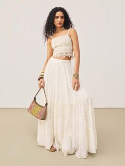 Ritu Kumar - Off White Thread Work Top with Skirt