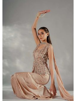 Jade by Ashima - Women Peach Embroidered Jacket with Tube Blouse and Sharara