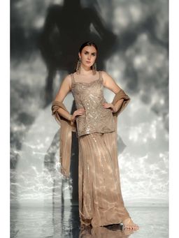 Jade by Ashima - Women Beige Embroidered Kurti with Sharara and Dupatta
