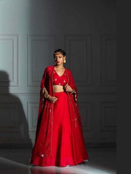 MONK & MEI - Women Isabella Rose Red Lehenga With Blouse And Cape