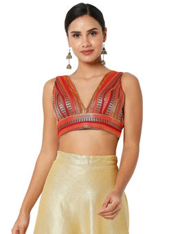 SALWAR STUDIO - Womens Maroon Multi Brocade Woven Readymade Saree Blouse