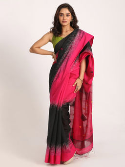 Angoshobha - Deep Pink & Black Cotton Blended Handloom Tie Dye Jamdani Saree with Unstitched Blouse
