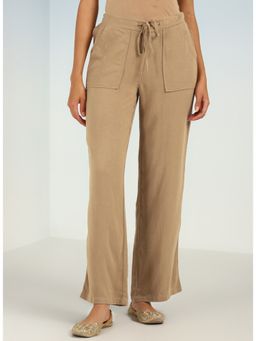 Lakshita - Beige Plain Straight Fit Pants with a Drawstring Waist & Pockets