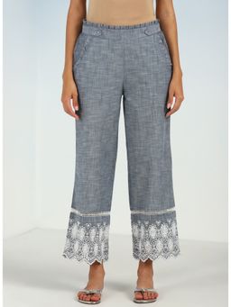 Lakshita - Grey Pure Cotton Ankle Length Pants with Detailing On The Hem