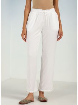 Lakshita - White Ankle Length Pants with Drawstring Waist & Lace Work On The Hem