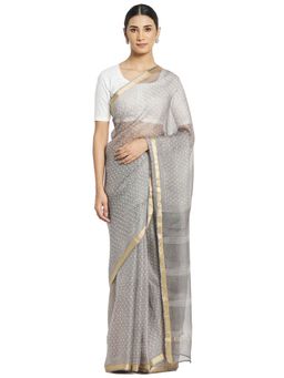 Fabindia - Silk Hand Block Printed Sari (Grey)