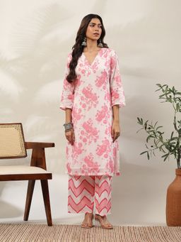 Garden VARELI - Women Pink Floral Printed Cotton Kurta and Palazzo