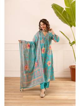 Nehamta - Women's Turquoise Cotton Kurta With Pant and Dupatta