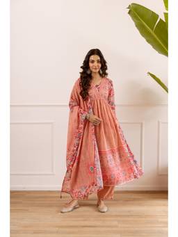 Nehamta - Women's Peach Coral Cotton Kurta With Pant and Dupatta
